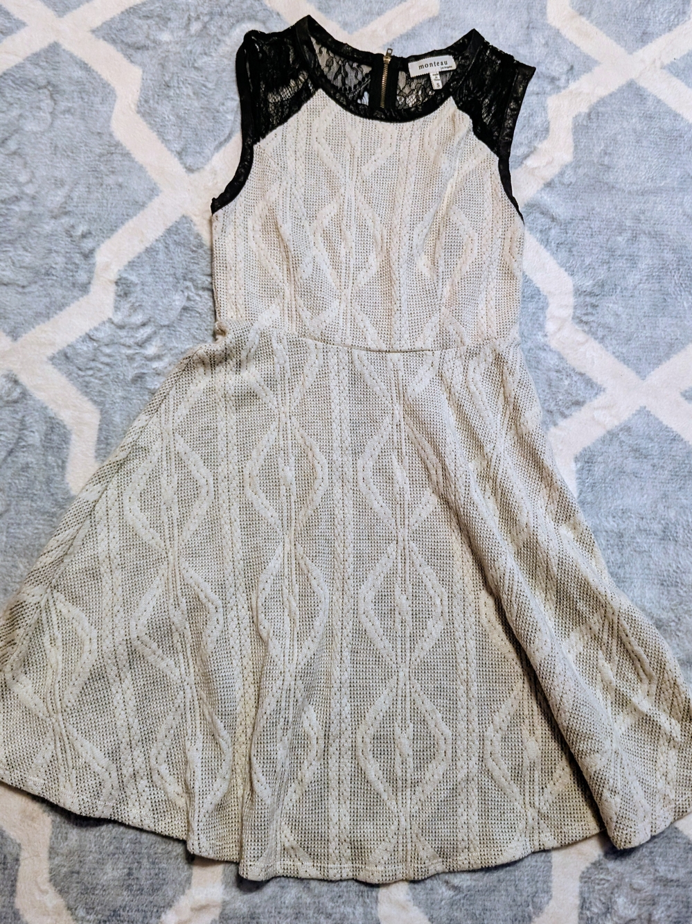 Cream Lace Fit-and-Flare Dress with Black Lace Yoke